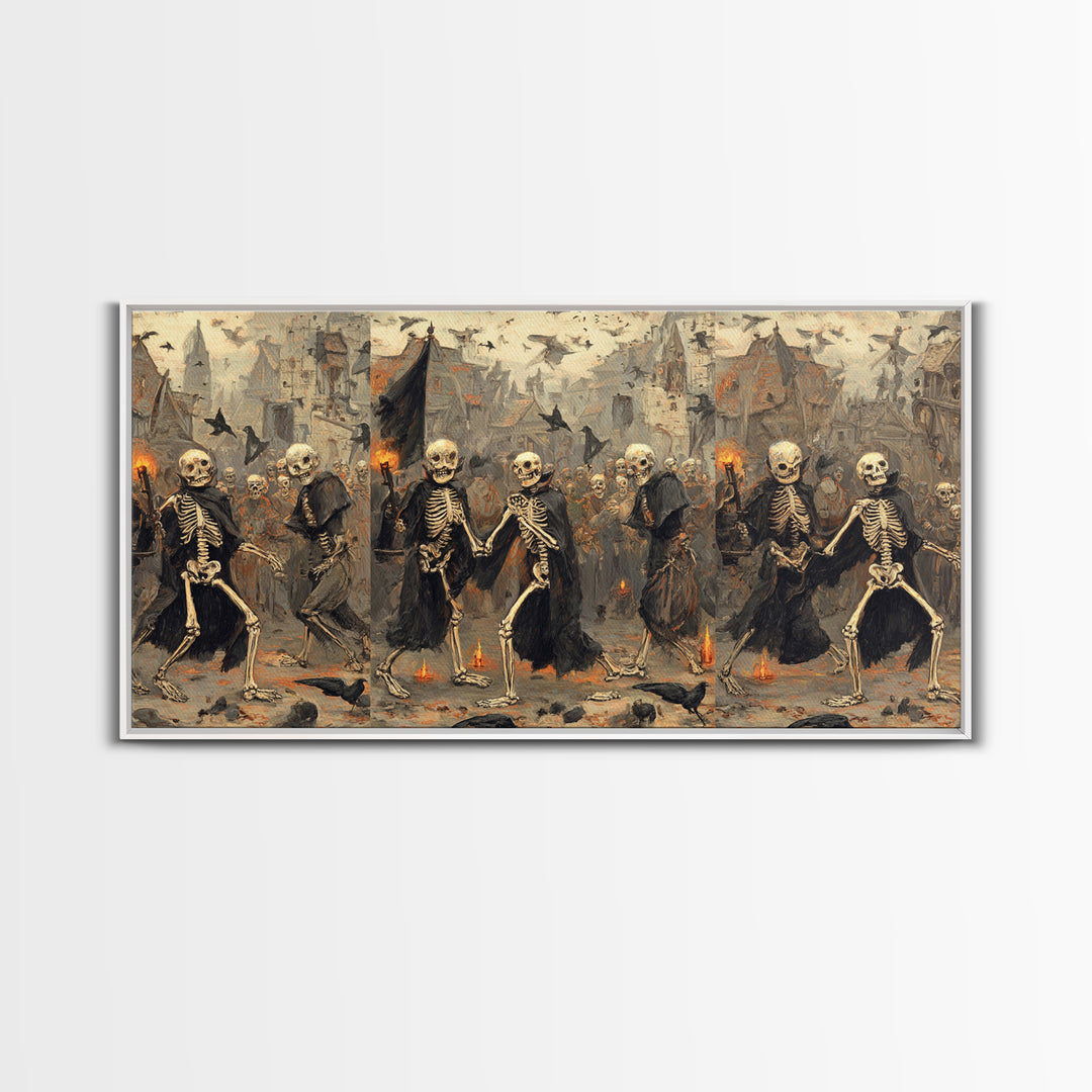 Medieval Danse Macabre, Northern Renaissance Horror, Wide Panoramic Art, Dark Fantasy Wall Art, Framed Canvas Print