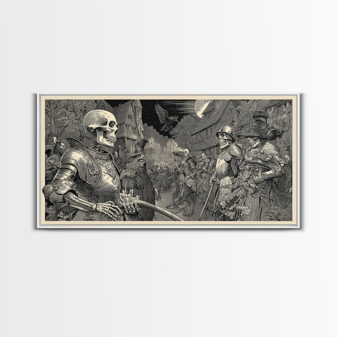Medieval Danse Macabre, Renaissance Engraving Art, Wide Panoramic Art, Dark Fantasy Wall Art, Framed Canvas Print, Halloween Wall Art