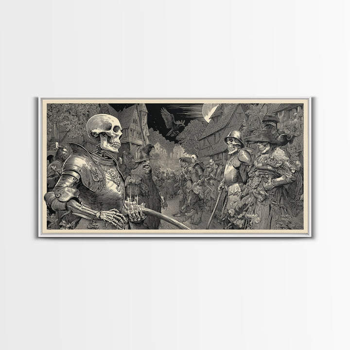Medieval Danse Macabre, Renaissance Engraving Art, Wide Panoramic Art, Dark Fantasy Wall Art, Framed Canvas Print, Halloween Wall Art