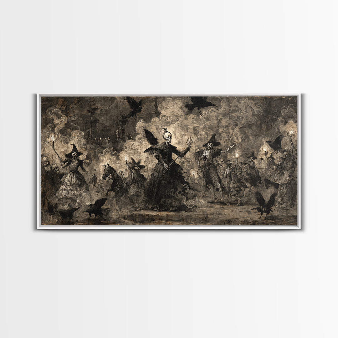 Medieval Danse Macabre, Dark Romantic Horror Art, Wide Panoramic Art, Gothic Horror Wall Art, Framed Canvas Print, Halloween Wall Art