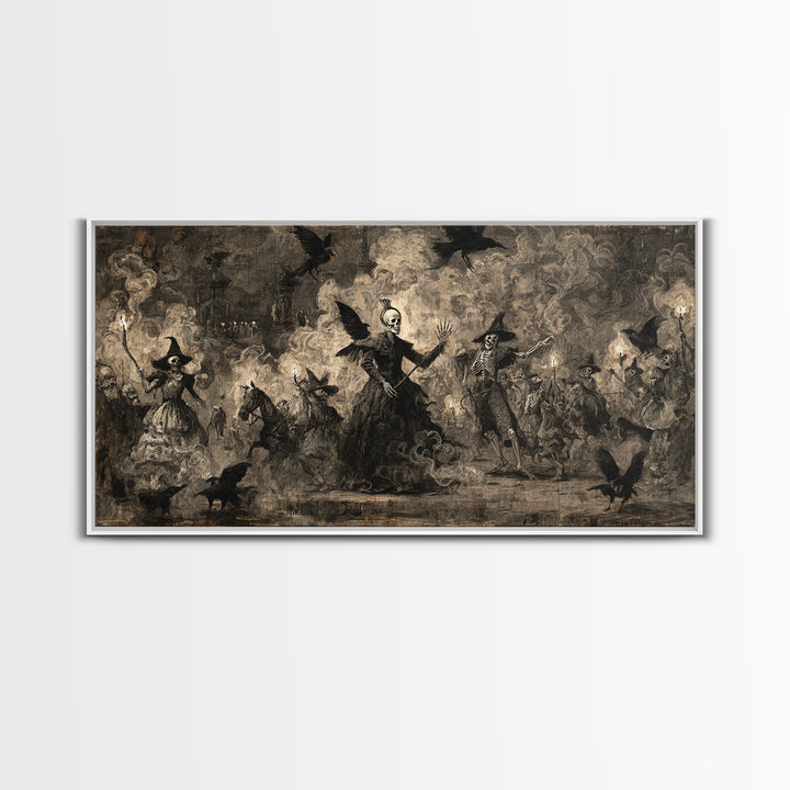 Medieval Danse Macabre, Dark Romantic Horror Art, Wide Panoramic Art, Gothic Horror Wall Art, Framed Canvas Print, Halloween Wall Art
