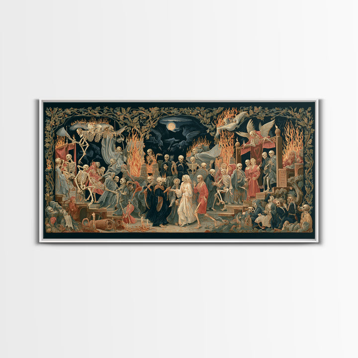 Medieval Danse Macabre, Visionary Gothic Art, Wide Panoramic Art, Dark Fantasy Wall Art, Framed Canvas Print, Halloween Wall Art
