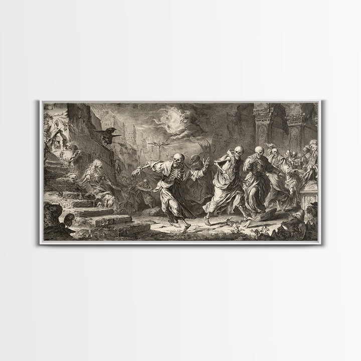 Medieval Danse Macabre, Architectural Etching Art, Wide Panoramic Art, Dark Halloween Decor, Framed Canvas Print