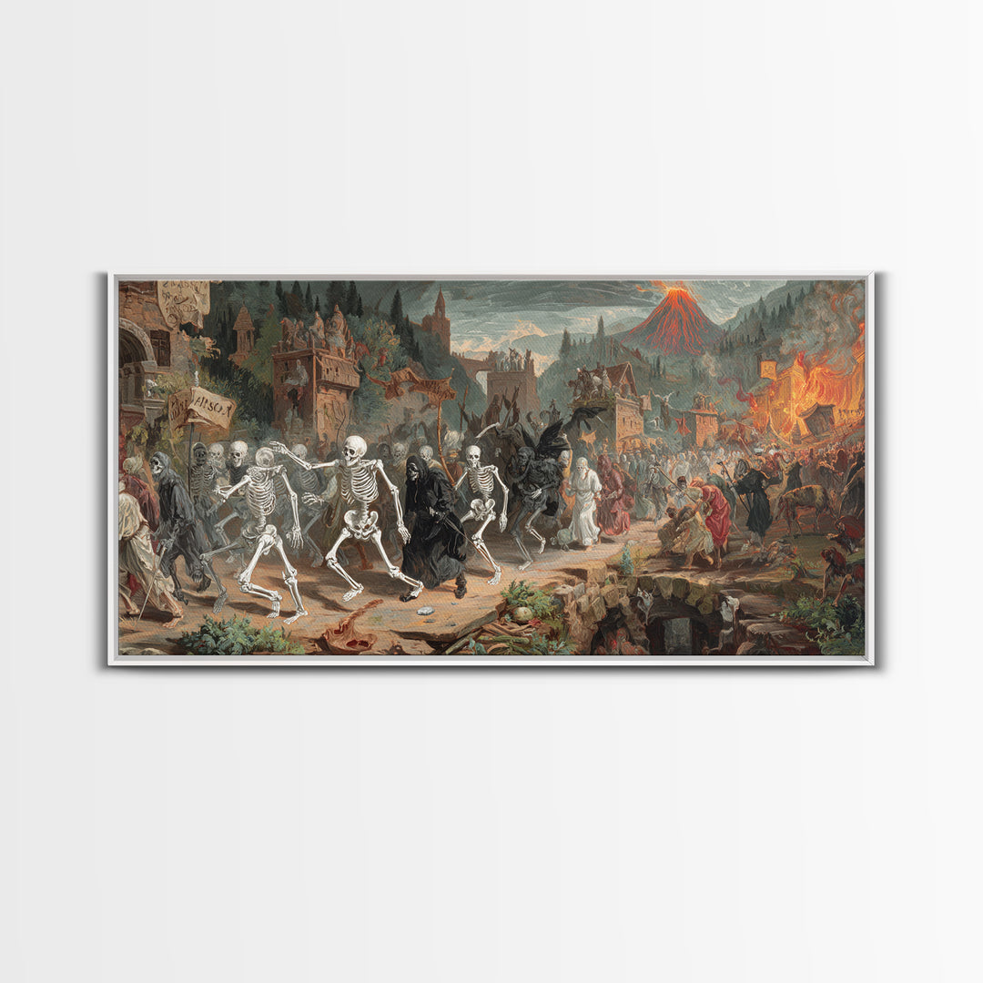 Medieval Danse Macabre, Apocalyptic Romantic Art, Wide Panoramic Art, Gothic Horror Wall Art, Canvas Print, Halloween Wall Art