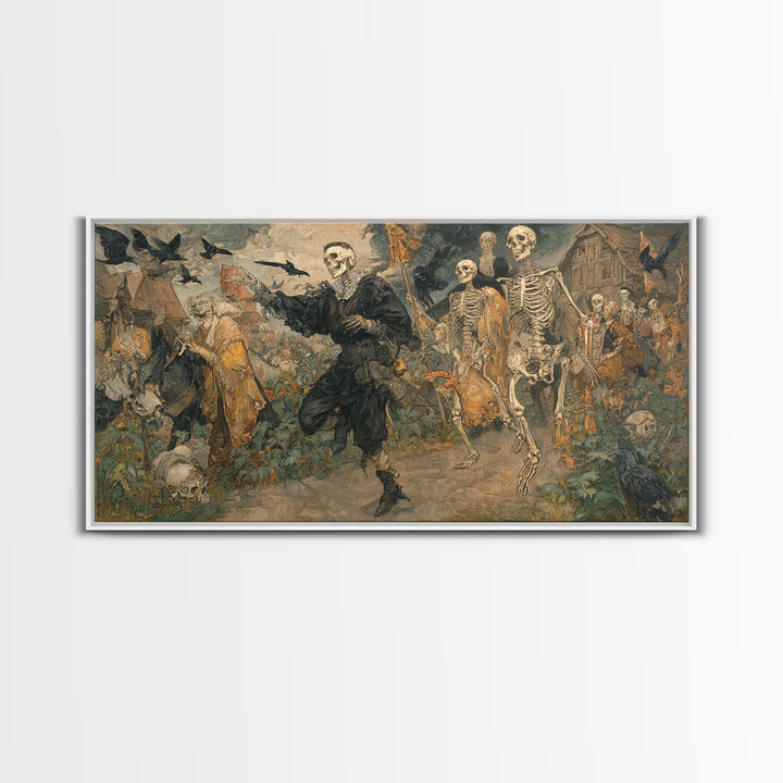 Medieval Danse Macabre, Decadent Gothic Art, Wide Panoramic Art, Macabre Wall Art, Framed Canvas Print, Halloween Wall Art