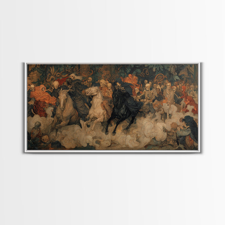 Medieval Danse Macabre, Dark Symbolist Art, Wide Panoramic Art, Dark Halloween Decor, Canvas Print, Halloween Wall Art