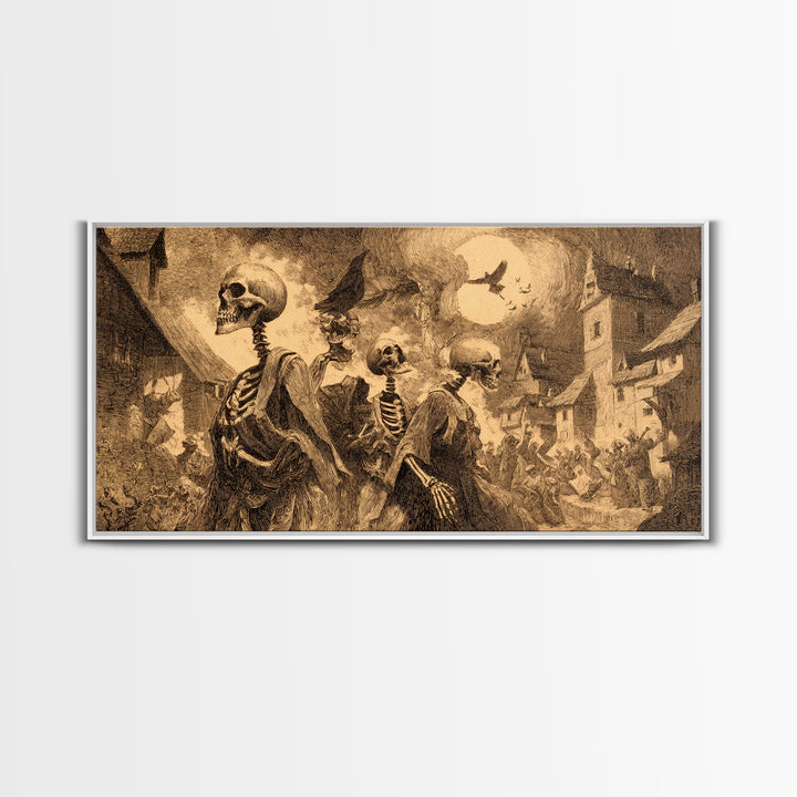 Medieval Danse Macabre, Expressionist Nightmare Art, Wide Panoramic Art, Dark Fantasy Wall Art, Framed Canvas Print, Halloween Wall Art