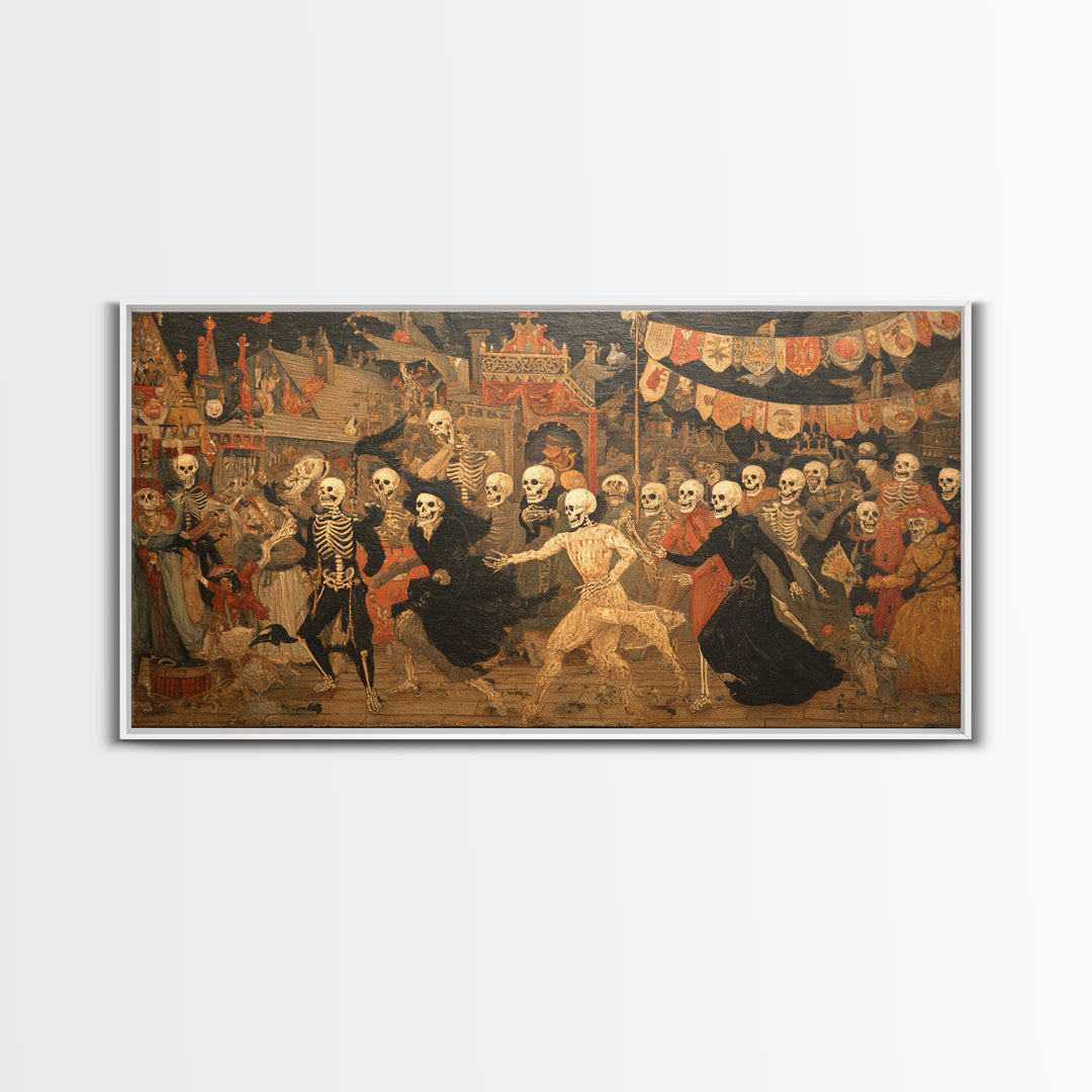 Medieval Danse Macabre, Grotesque Carnival Art, Wide Panoramic Art, Dark Fantasy Wall Art, Canvas Print, Halloween Wall Art
