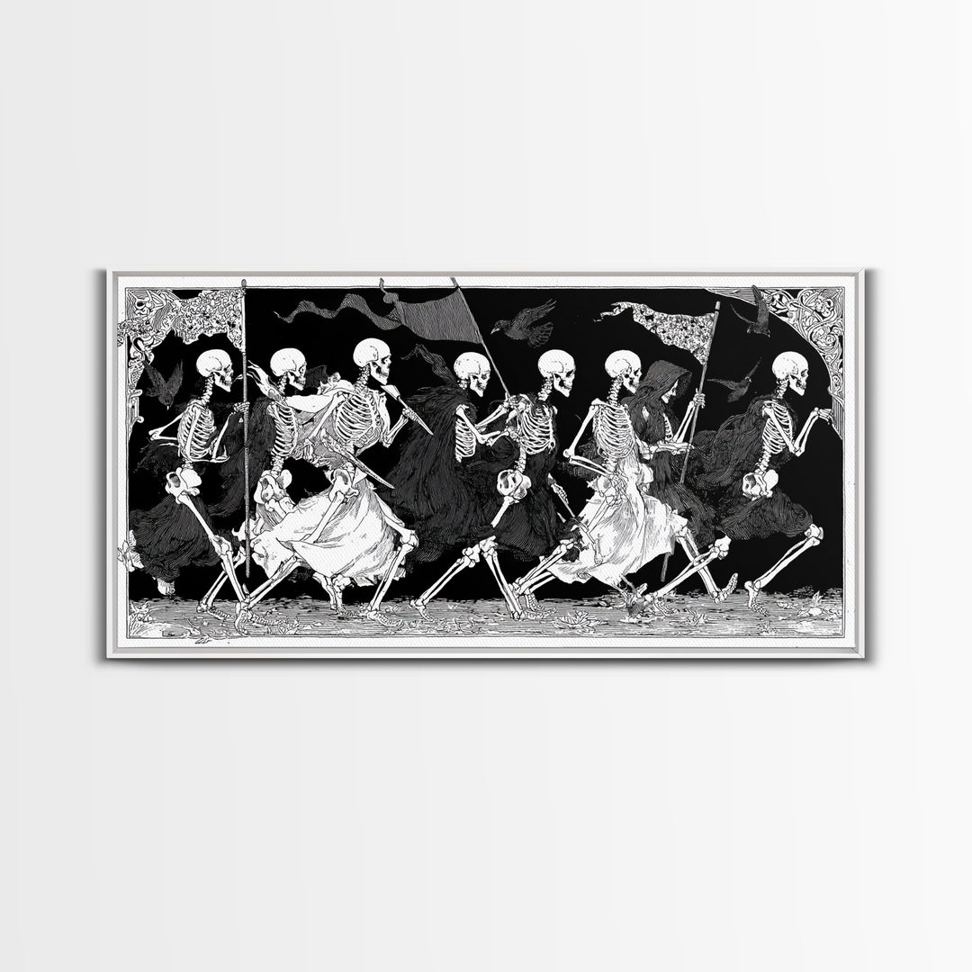 Medieval Danse Macabre, Decadent Line Art, Wide Panoramic Art, Dark Halloween Decor, Canvas Print, Halloween Wall Art