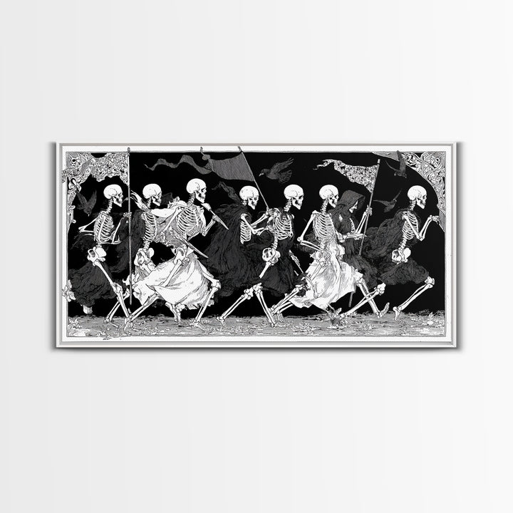 Medieval Danse Macabre, Decadent Line Art, Wide Panoramic Art, Dark Halloween Decor, Canvas Print, Halloween Wall Art