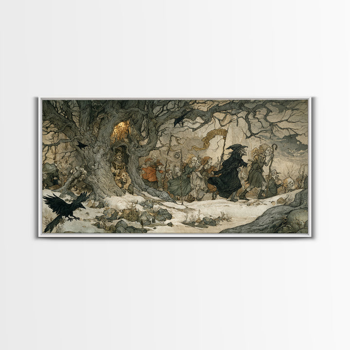 Medieval Danse Macabre, Gothic Storybook Art, Wide Panoramic Art, Dark Halloween Decor, Canvas Print, Halloween Wall Art