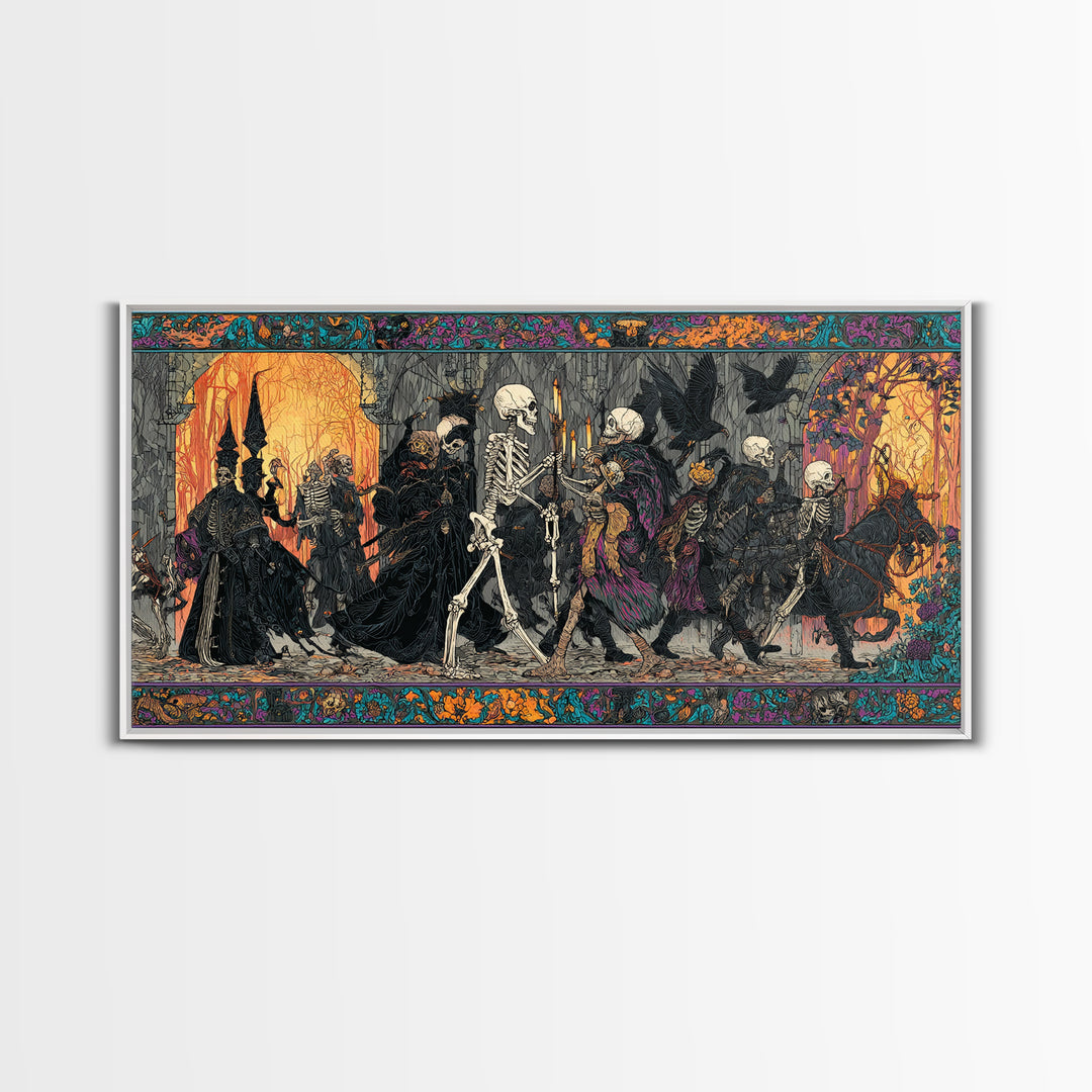 Medieval Danse Macabre, Stained Glass Gothic Art, Wide Panoramic Art, Gothic Horror Wall Art, Framed Canvas Print, Halloween Wall Art