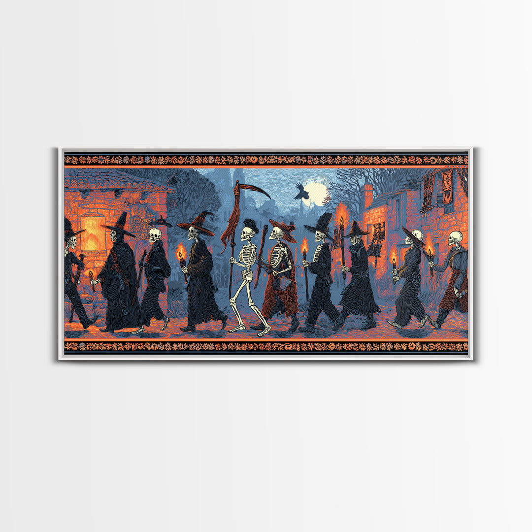 Medieval Danse Macabre, Macabre Folk Print Art, Wide Panoramic Art, Dark Fantasy Wall Art, Canvas Print, Halloween Wall Art
