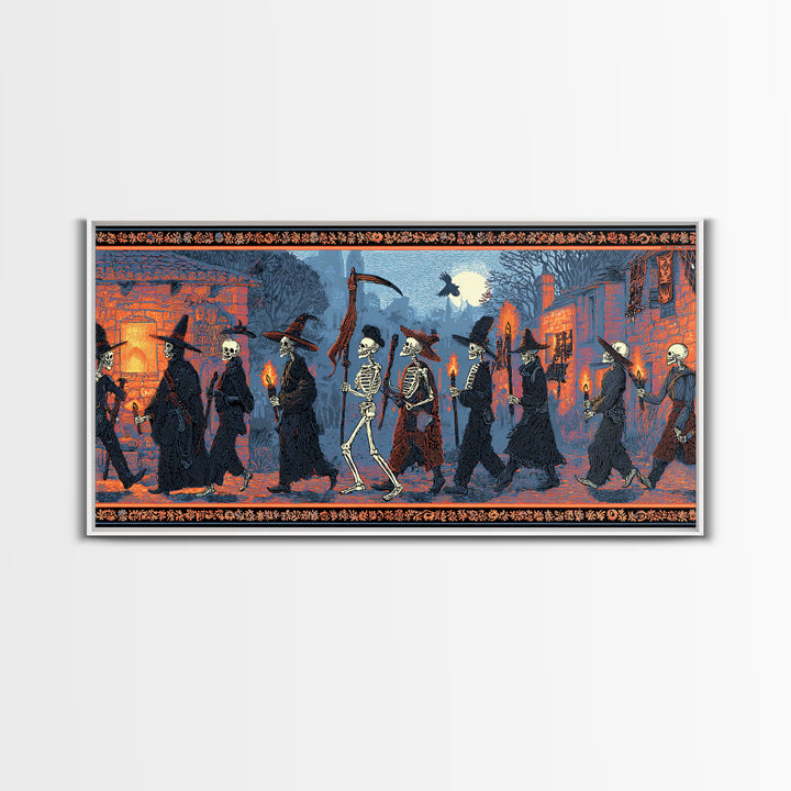 Medieval Danse Macabre, Macabre Folk Print Art, Wide Panoramic Art, Dark Fantasy Wall Art, Canvas Print, Halloween Wall Art