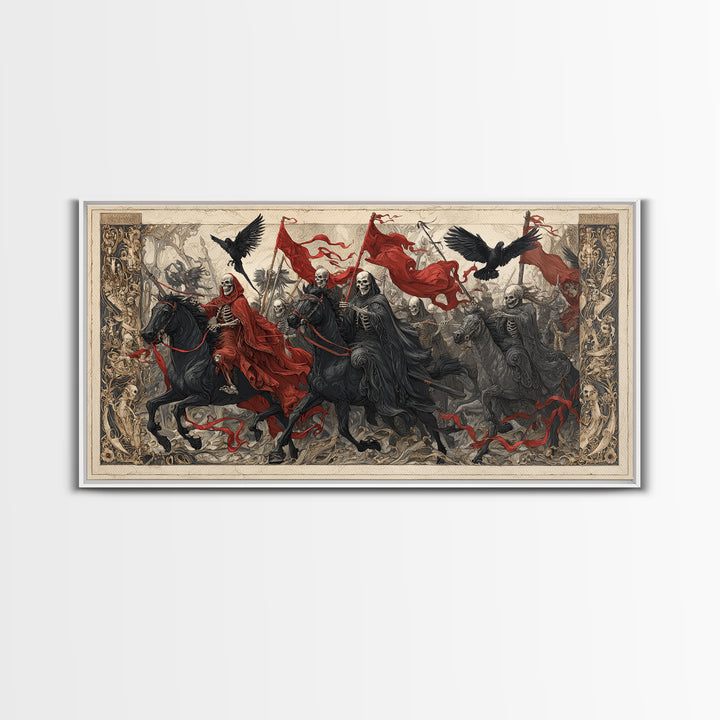 Medieval Danse Macabre, Biomechanical Horror Art, Wide Panoramic Art, Dark Halloween Decor, Canvas Print, Halloween Wall Art