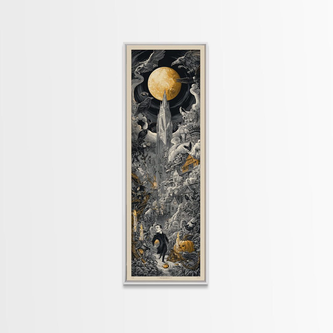 1950s Halloween Nostalgia, Gothic Engraving Art, Tall Narrow Wall Art, Gothic Horror Wall Art, Canvas Print, Halloween Wall Art