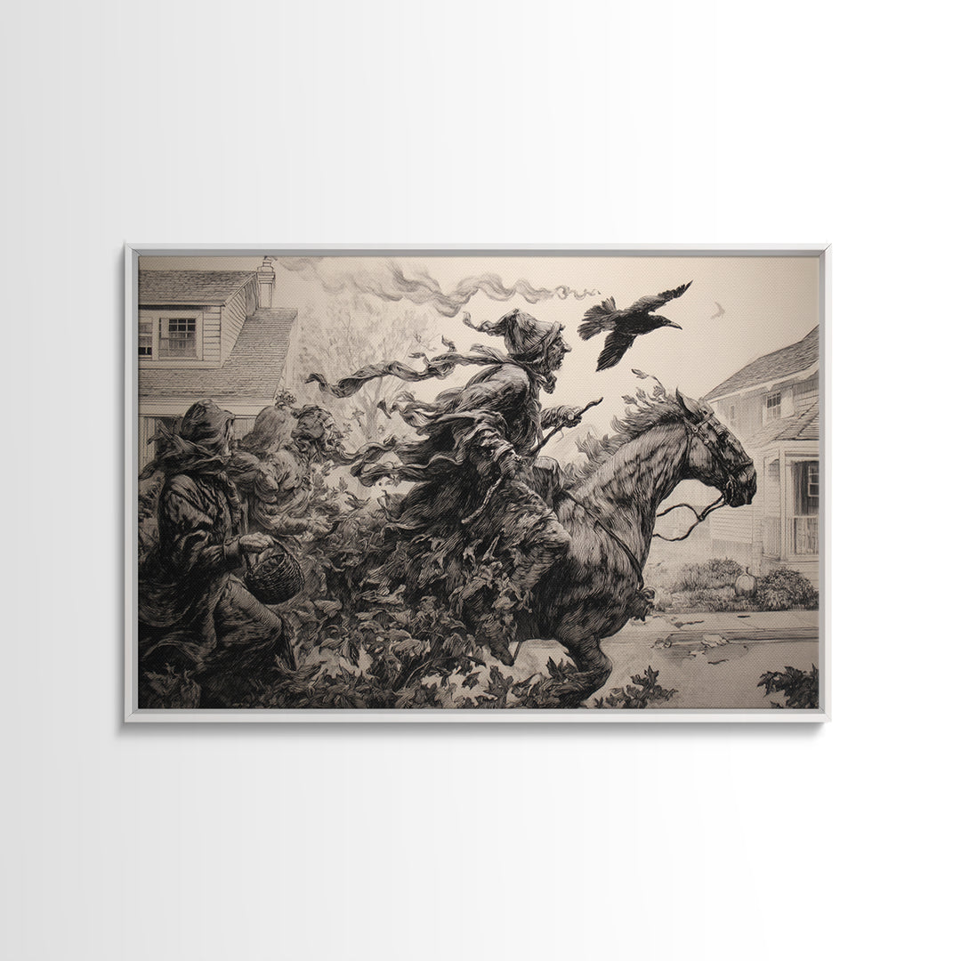 1950s Halloween Nostalgia, Renaissance Engraving Art, Landscape Wall Art, Dark Fantasy Wall Art, Canvas Print, Halloween Wall Art