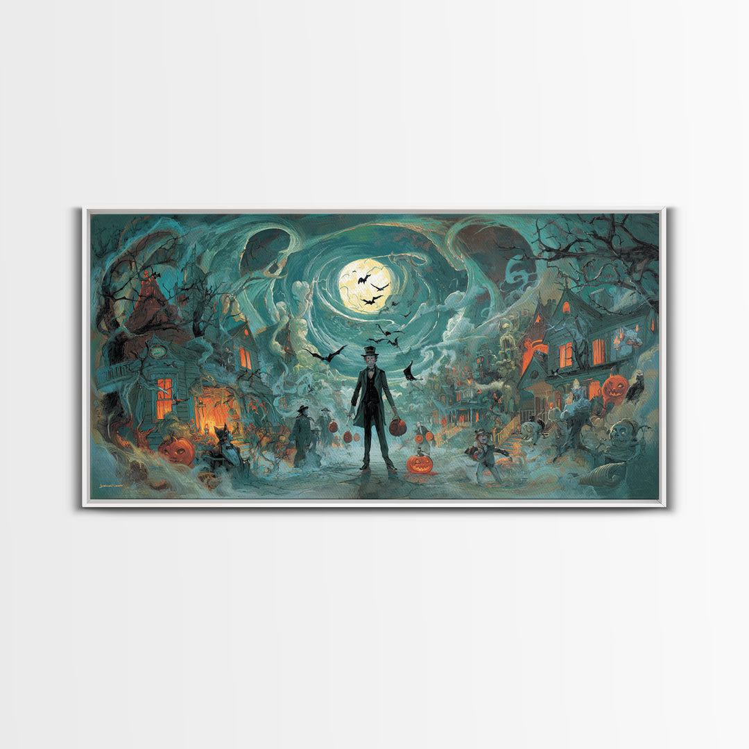 1950s Halloween Nostalgia, Apocalyptic Romantic Art, Wide Panoramic Art, Macabre Wall Art, Framed Canvas Print, Halloween Wall Art