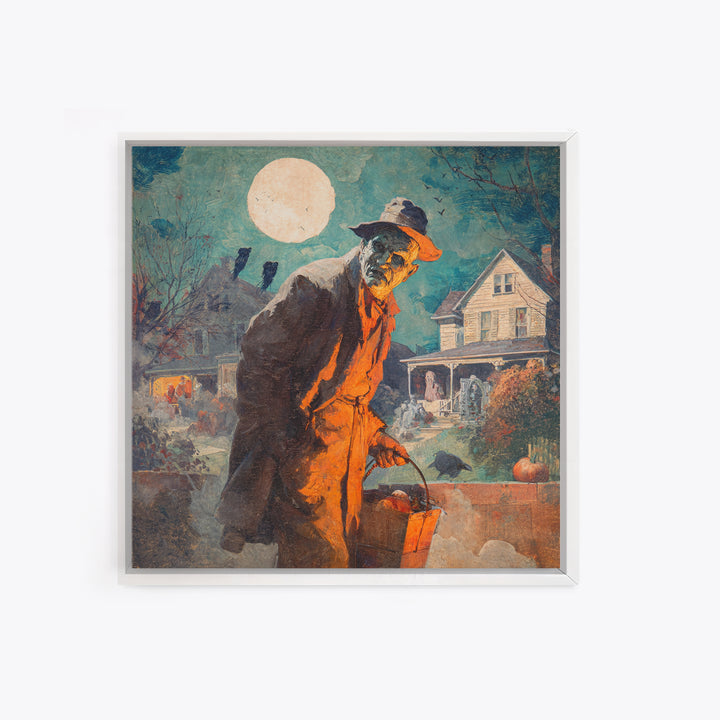1950s Halloween Nostalgia, Symbolist Etching Art, Square Wall Art, Dark Halloween Decor, Framed Canvas Print, Halloween Wall Art