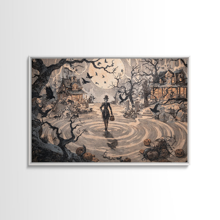 1950s Halloween Nostalgia, Gothic Storybook Art, Landscape Wall Art, Dark Halloween Decor, Canvas Print, Halloween Wall Art