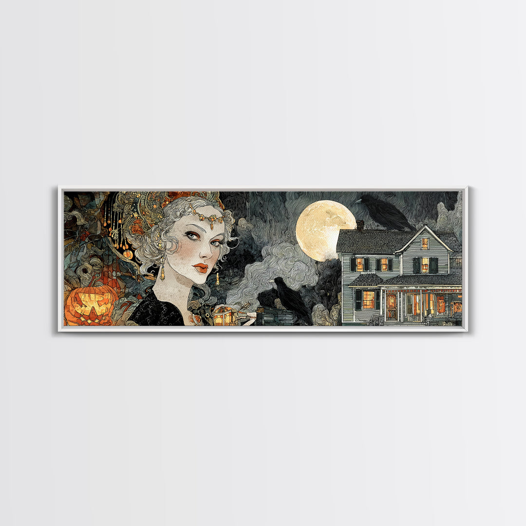 1950s Halloween Nostalgia, Stained Glass Gothic Art, Extra Wide Wall Art, Dark Halloween Decor, Canvas Print, Halloween Wall Art