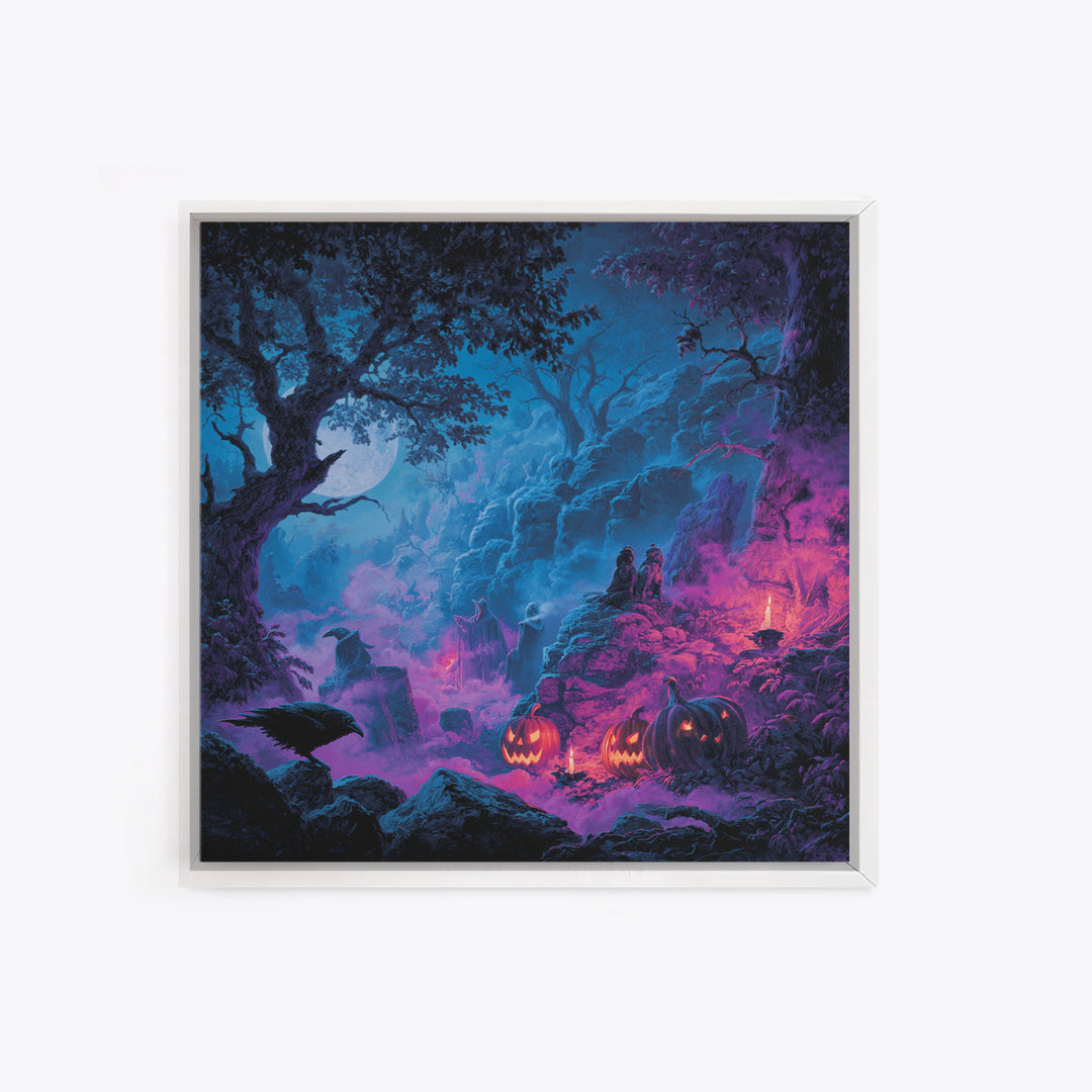 1980s Neon Horror, Baroque Witchcraft Art, Square Wall Art, Dark Halloween Decor, Framed Canvas Print, Halloween Wall Art