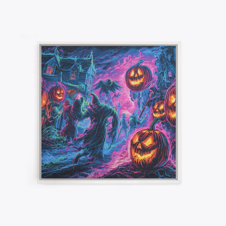1980s Neon Horror, Grotesque Carnival Art, Square Wall Art, Dark Fantasy Wall Art, Framed Canvas Print, Halloween Wall Art