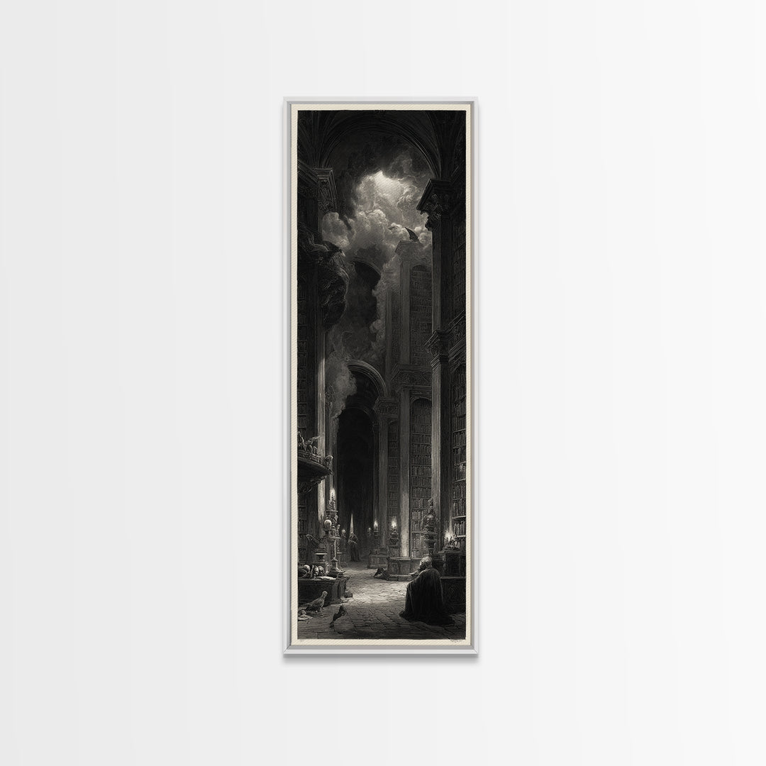 Dark Academia Halloween, Gothic Engraving Art, Tall Narrow Wall Art, Dark Fantasy Wall Art, Canvas Print, Halloween Wall Art