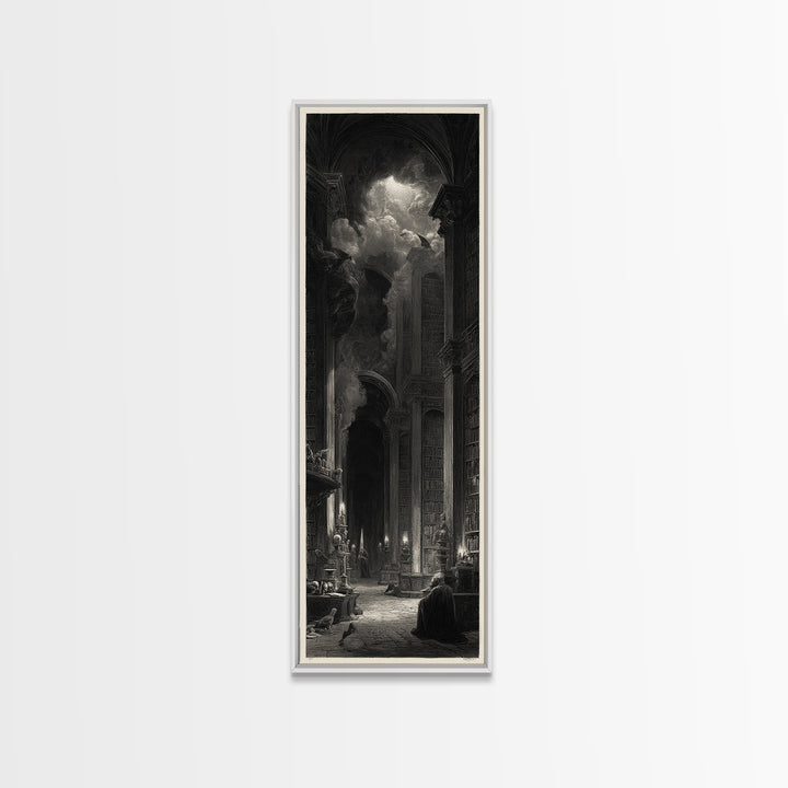 Dark Academia Halloween, Gothic Engraving Art, Tall Narrow Wall Art, Dark Fantasy Wall Art, Canvas Print, Halloween Wall Art
