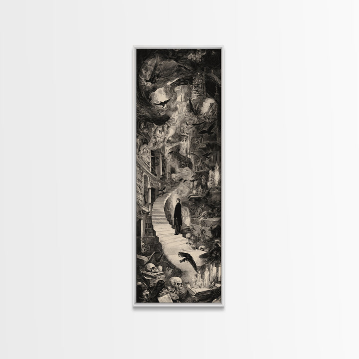 Dark Academia Halloween, Architectural Etching Art, Tall Narrow Wall Art, Macabre Wall Art, Framed Canvas Print