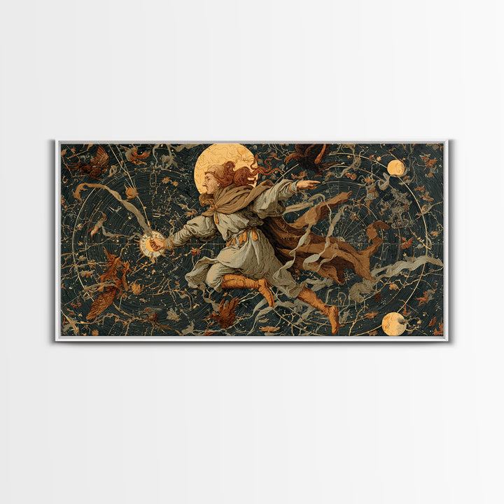 Celestial Witchcraft, Medieval Grotesque Art, Wide Panoramic Art, Macabre Wall Art, Framed Canvas Print, Halloween Wall Art