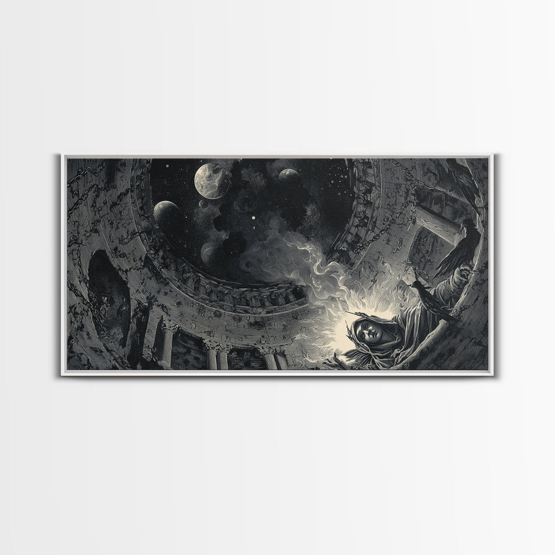 Celestial Witchcraft, Architectural Etching Art, Wide Panoramic Art, Gothic Horror Wall Art, Framed Canvas Print