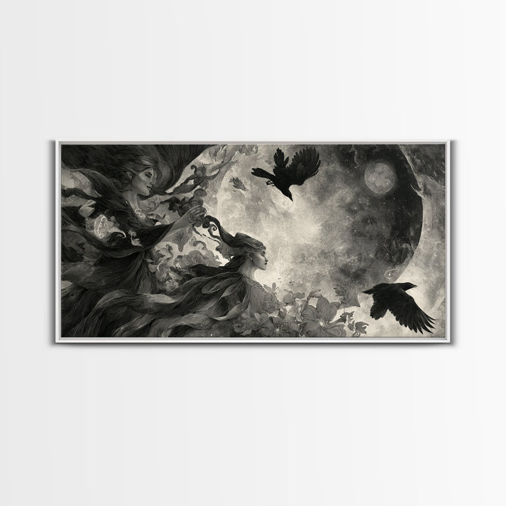 Celestial Witchcraft, Symbolist Dream Art, Wide Panoramic Art, Dark Fantasy Wall Art, Framed Canvas Print, Halloween Wall Art