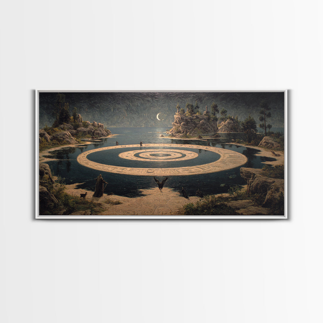Celestial Witchcraft, Symbolist Gothic Landscape, Wide Panoramic Art, Dark Halloween Decor, Framed Canvas Print, Halloween Wall Art
