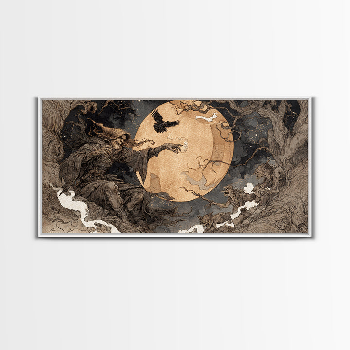 Celestial Witchcraft, Gothic Storybook Art, Wide Panoramic Art, Dark Halloween Decor, Canvas Print, Halloween Wall Art