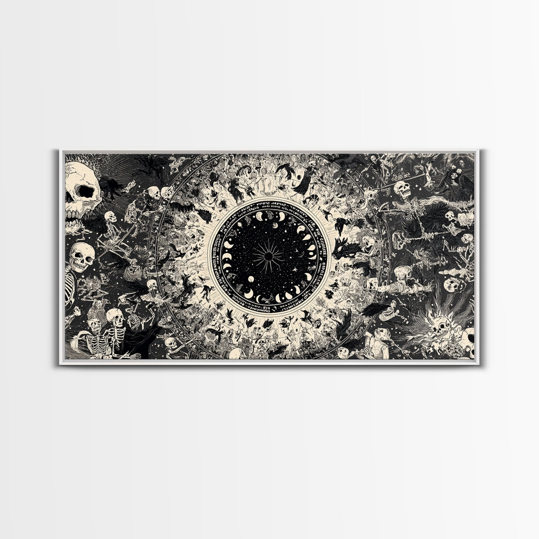 Celestial Witchcraft, Macabre Folk Print Art, Wide Panoramic Art, Dark Halloween Decor, Framed Canvas Print, Halloween Wall Art