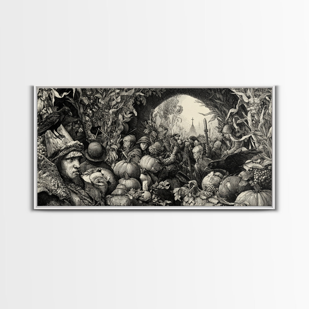 Occult Harvest Festival, Renaissance Engraving Art, Wide Panoramic Art, Gothic Horror Wall Art, Framed Canvas Print, Halloween Wall Art