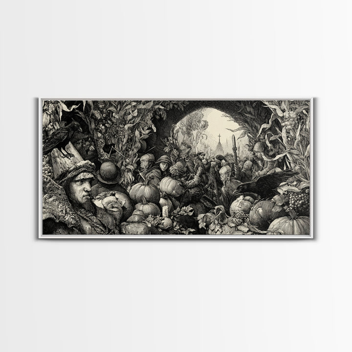 Occult Harvest Festival, Renaissance Engraving Art, Wide Panoramic Art, Gothic Horror Wall Art, Framed Canvas Print, Halloween Wall Art