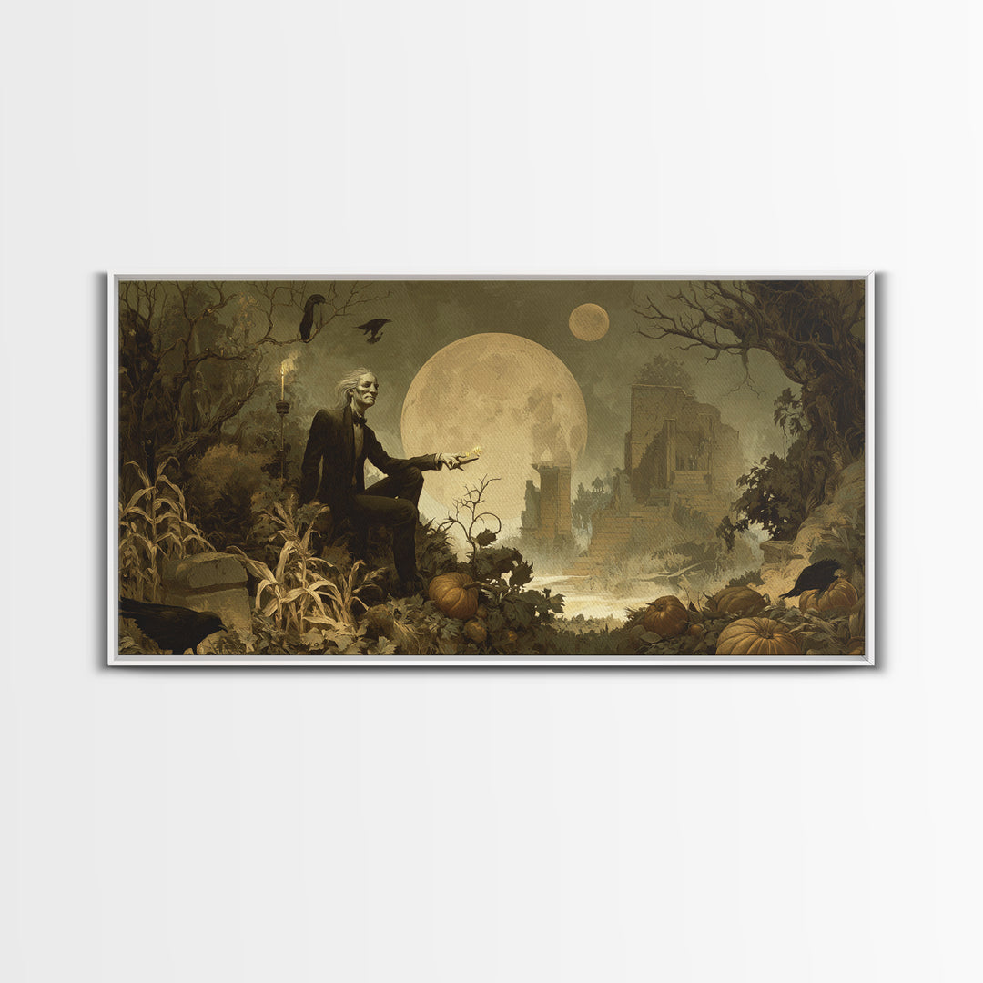 Occult Harvest Festival, Romantic Gothic Landscape, Wide Panoramic Art, Macabre Wall Art, Framed Canvas Print, Halloween Wall Art