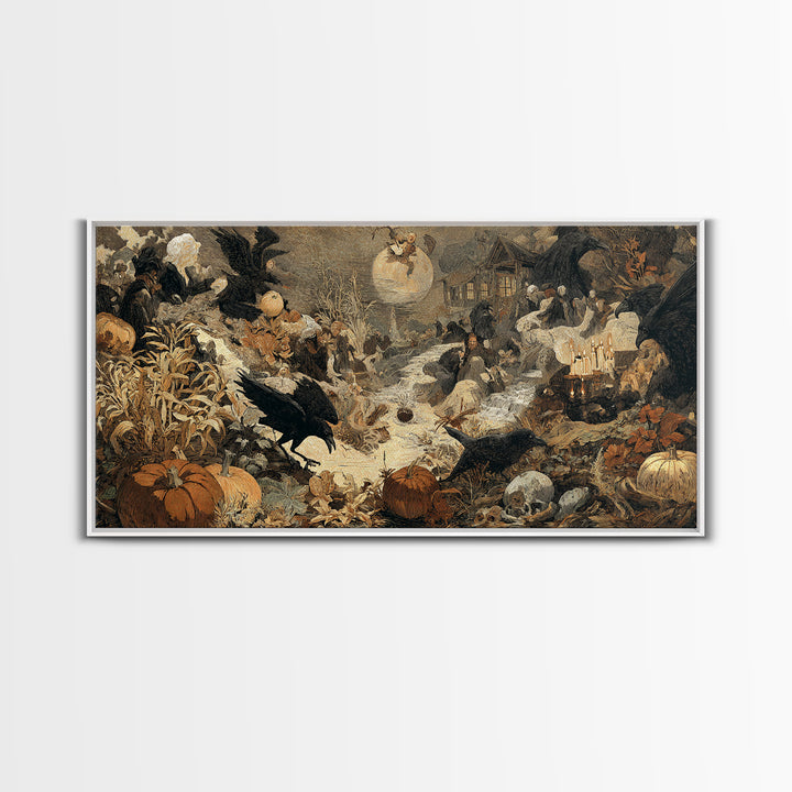 Occult Harvest Festival, Symbolist Etching Art, Wide Panoramic Art, Macabre Wall Art, Framed Canvas Print, Halloween Wall Art