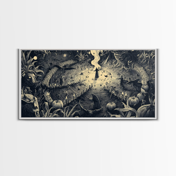 Occult Harvest Festival, Expressionist Nightmare Art, Wide Panoramic Art, Dark Halloween Decor, Canvas Print, Halloween Wall Art