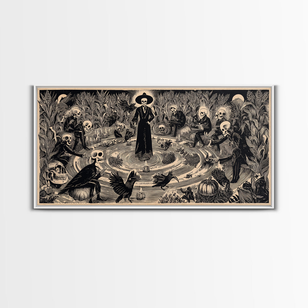 Occult Harvest Festival, Macabre Folk Print Art, Wide Panoramic Art, Macabre Wall Art, Framed Canvas Print, Halloween Wall Art