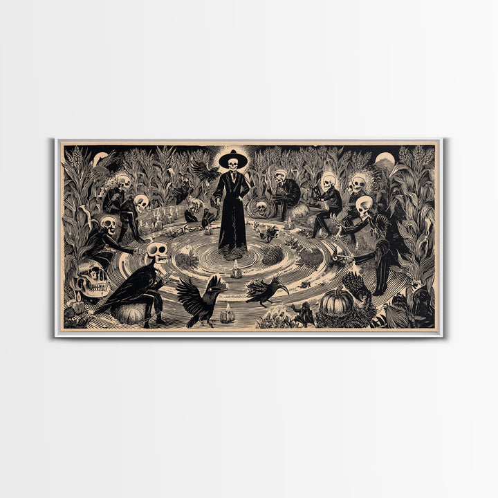 Occult Harvest Festival, Macabre Folk Print Art, Wide Panoramic Art, Macabre Wall Art, Framed Canvas Print, Halloween Wall Art