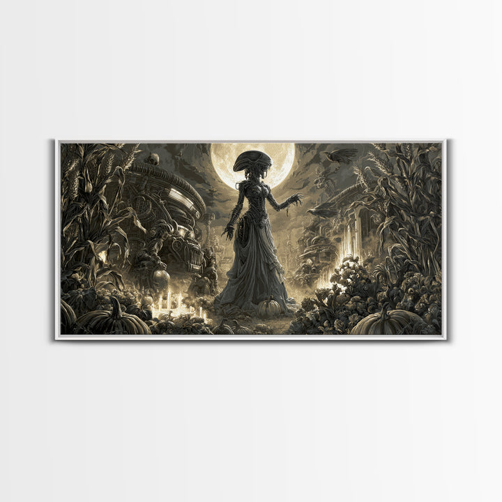 Occult Harvest Festival, Biomechanical Horror Art, Wide Panoramic Art, Gothic Horror Wall Art, Framed Canvas Print, Halloween Wall Art