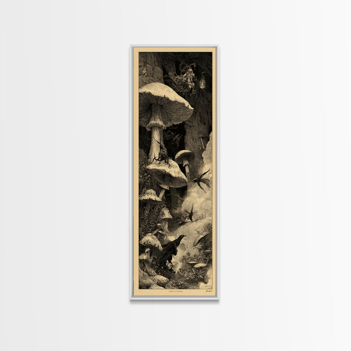 Enchanted Woodland Halloween, Gothic Engraving Art, Tall Narrow Wall Art, Macabre Wall Art, Canvas Print, Halloween Wall Art