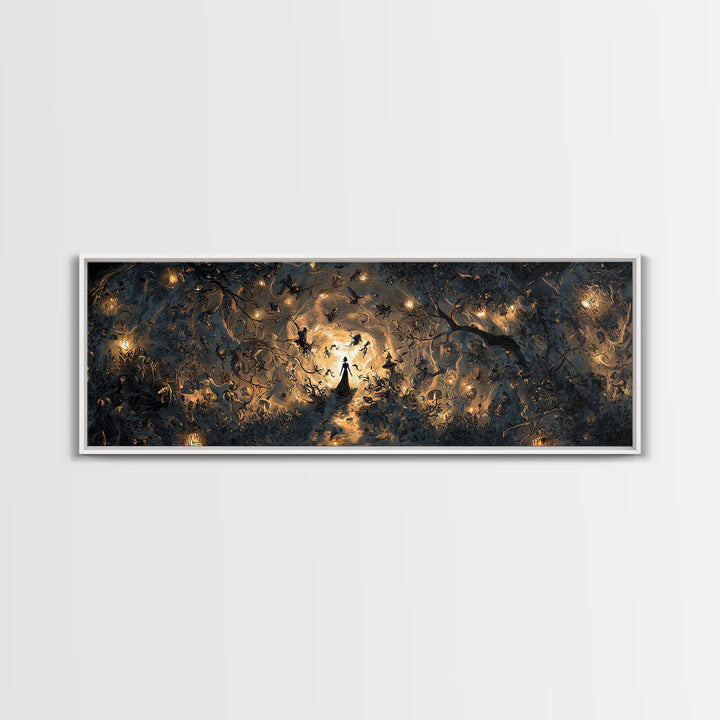 Enchanted Woodland Halloween, Dark Romantic Horror Art, Extra Wide Wall Art, Dark Halloween Decor, Canvas Print, Halloween Wall Art