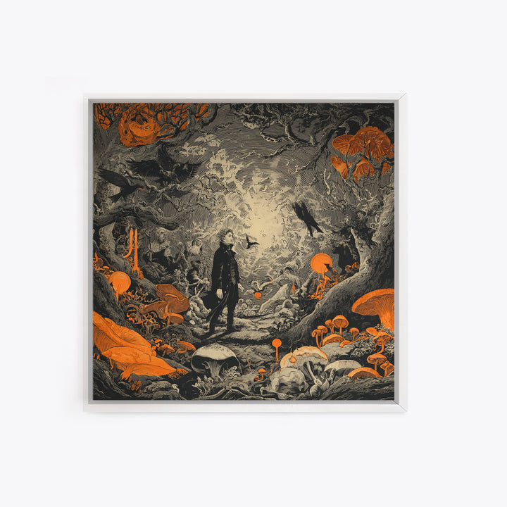 Enchanted Woodland Halloween, Symbolist Etching Art, Square Wall Art, Dark Fantasy Wall Art, Canvas Print, Halloween Wall Art