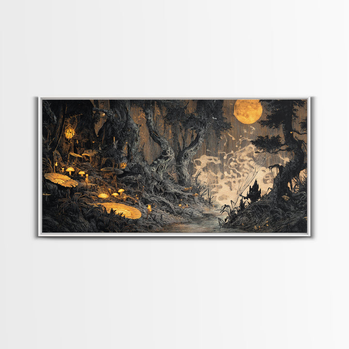 Enchanted Woodland Halloween, Expressionist Nightmare Art, Wide Panoramic Art, Dark Halloween Decor, Canvas Print, Halloween Wall Art
