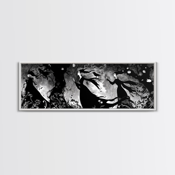 Enchanted Woodland Halloween, Decadent Line Art, Extra Wide Wall Art, Dark Halloween Decor, Canvas Print, Halloween Wall Art