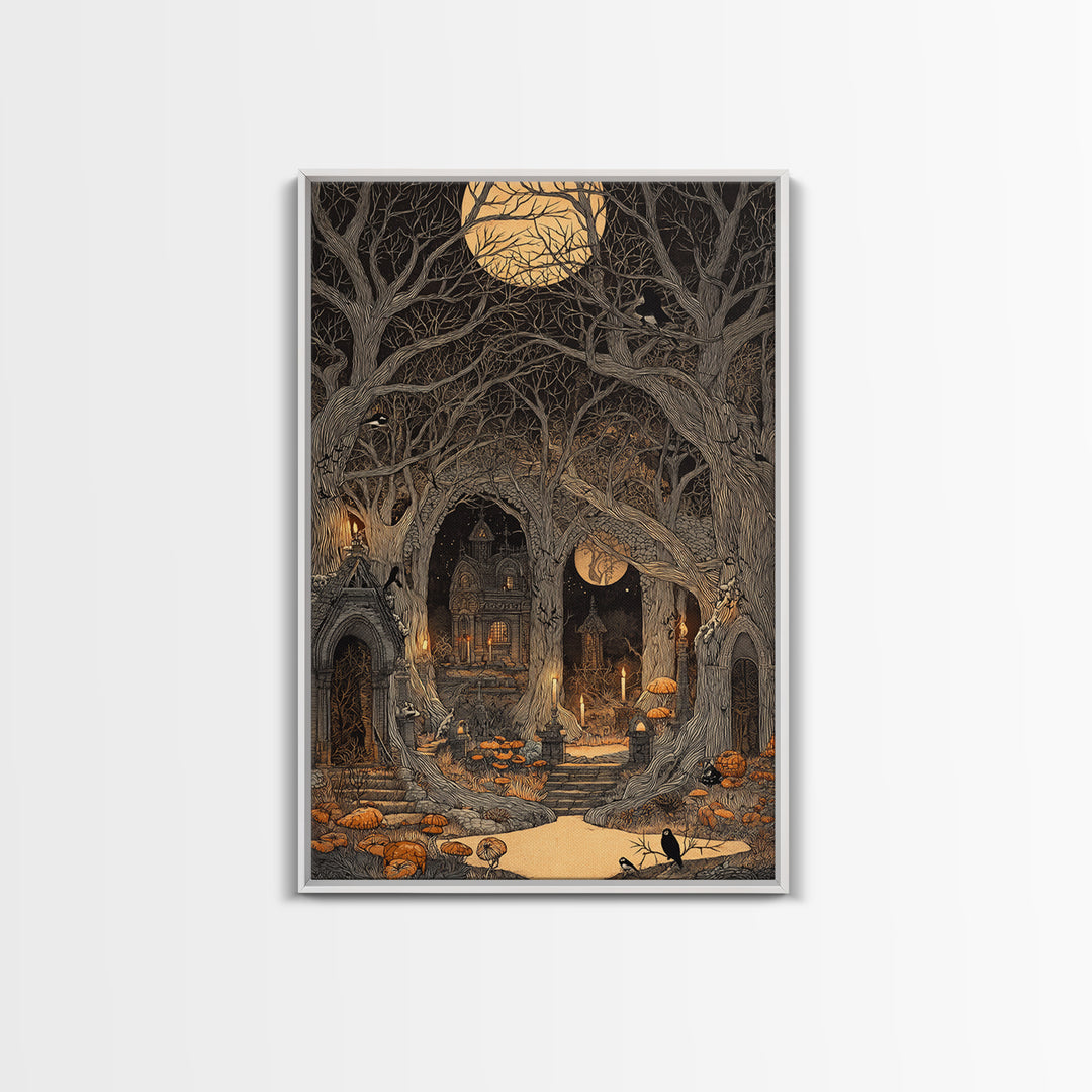Enchanted Woodland Halloween, Victorian Macabre Art, Vertical Wall Art, Dark Fantasy Wall Art, Framed Canvas Print, Halloween Wall Art